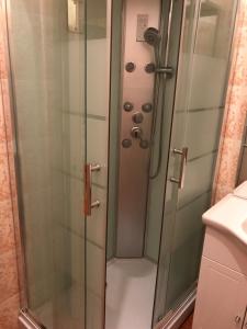 a shower with a glass door in a bathroom at Appartamento relax Villaggio Turas in Magomadas +42 photos