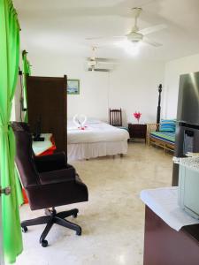 ein Wohnzimmer mit einem Stuhl und einem Bett in der Unterkunft Peaceful Ocean View Studio in San Felipe de Puerto Plata