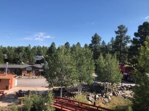 a view of a park with trees and a mountain at The Canyon Motel & RV Park in Williams