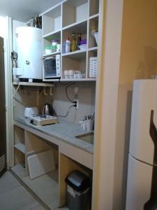 a kitchen counter with a sink and a microwave at Cozy III Loft en pleno Centro de Mendoza in Mendoza