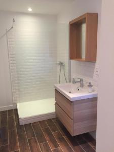 a bathroom with a sink and a shower at Maison familiale Groix in Groix