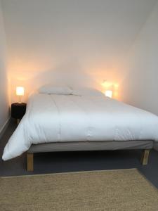 格魯瓦的住宿－Maison familiale Groix，一张大白床,位于带两盏灯的房间