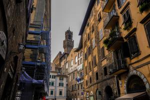 eine Stadtstraße mit Gebäuden und einem Uhrturm in der Unterkunft Nerii 3 in Florenz