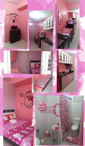 a collage of pictures of a bedroom with pink walls at Hello Kitty at Wind Residences Tagaytay in Tagaytay