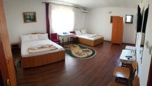 1 dormitorio con 2 camas y sala de estar en Casa Maxim, en Sulina