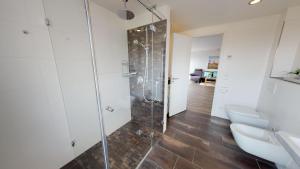 a bathroom with a glass shower and two toilets at Seesichtpur Wohnung Kaiser in Pelzerhaken +26 photos