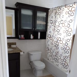 a bathroom with a toilet and a shower curtain at 12 Fairway Avenue in Kingston