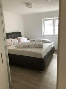 a bedroom with two beds with pillows on them at Haus Märzenbach in Kaufbeuren