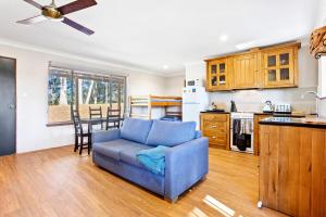 a living room with a blue couch and a kitchen at Braeside Cabin Three Parsonsia in Central Tilba