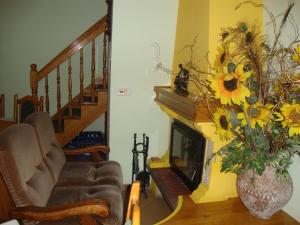 a living room with a fireplace with a vase of flowers at "Willa Millennium" in Miedzygorze