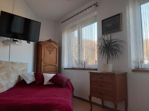 a bedroom with a bed and a tv on the wall at Zajazd Ponikiew - Noclegi Wadowice in Wadowice