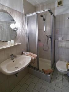 a bathroom with a sink and a shower at Gasthof Erfurth in Sehnde