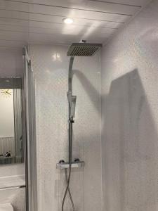 a shower in a bathroom with a glass door at The Beach Apartment, near Outlander location in Kirkcaldy +51 photos
