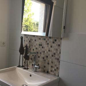 um lavatório de casa de banho com um espelho e uma janela em Am Roten Kreuz 11, Winterberg-Zuschen em Winterberg
