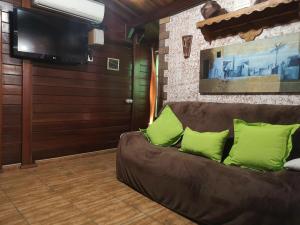 a living room with a brown couch with green pillows at La Finca del Morro in San Miguel de Abona