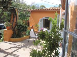 a patio with chairs and plants in front of a house at Vivelorural casa El Gargujo con piscina in Santa Brígida