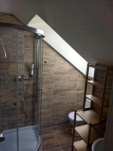 a bathroom with a shower and a toilet and a staircase at Apartmány Máša in Liptovský Trnovec