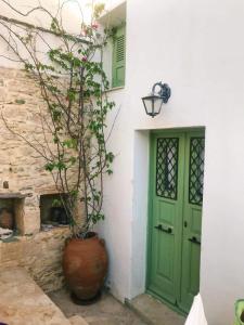 une porte verte et une plante dans un vase à côté d'un bâtiment dans l'établissement Matsas Mansions, à Folégandros