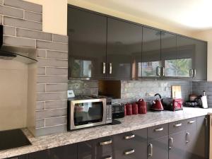 una cucina con armadi neri e forno a microonde di Lazy Daze Cottage a Horsham