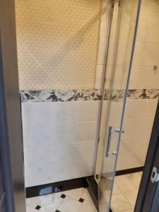 W łazience znajduje się prysznic ze szklanymi drzwiami. w obiekcie Квартира студія подобово 1 w Lwowie
