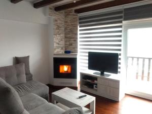 uma sala de estar com um sofá, uma televisão e uma lareira em Apartamento Ismael em Gausach