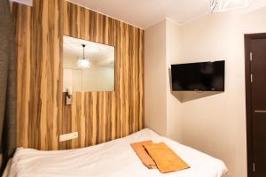 a room with a bed with a mirror and a tv at Capital in Saint Petersburg