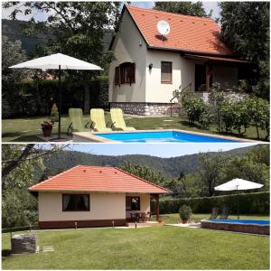 dos fotos de una casa y una piscina en Cseresznyevirág Vendégházak, en Kővágószőlős