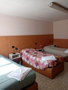 カナーレ・ダーゴルドにあるCasa Alpina Sacro Cuoreのベッド2台とテーブル2台が備わるホテルルームです。