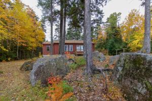 una casa en el bosque con árboles y rocas en Lower Wilson Pond Refuge, en The Highlands