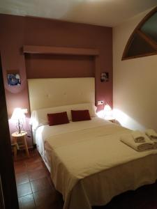 sypialnia z dużym białym łóżkiem i dwiema lampami w obiekcie Apartamentos Arribes la Corredera w mieście Aldeadávila de la Ribera +4 zdjęcia