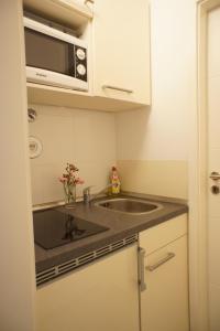 eine kleine Küche mit einer Spüle und einer Mikrowelle in der Unterkunft Ferienwohnung Lörrach Alice in Lörrach