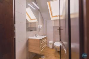 ein Badezimmer mit einem Waschbecken und einem WC mit Oberlichtern in der Unterkunft Farkas Panzió in Praid