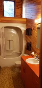 インヴァーミアにあるInvermere, BC On the Lake! Luxury 4 Bedroom Vacation Home with Panoramic Mountain Views!! Walk to Town, Shopping, Tennis, Volleyball, Pickle Ball, Dining, Bakery, Pubs, Swimming, Boating, Hiking, Fish, Biking, Hot Springs! Construction Trades Welcomeの浴槽、トイレ、洗面台を備えたバスルーム +17枚の写真