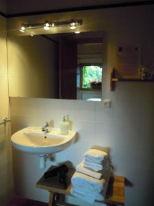a bathroom with a sink and a mirror and towels at Hostal D'Éller in Éller