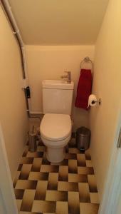 a small bathroom with a toilet with a checkered floor at Nice double and single rooms in the quiet area with excellent shared facilities in Plymouth