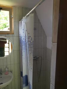 a bathroom with a shower and a sink at Lux bungalow in Foča