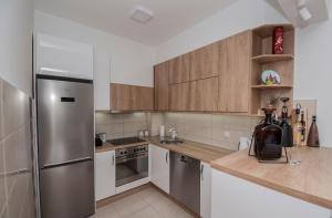 eine Küche mit Küchengeräten aus Edelstahl und Holzschränken in der Unterkunft Cozy Apartment SINN in Trebinje