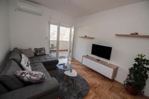 ein Wohnzimmer mit einem Sofa und einem Flachbild-TV in der Unterkunft Cozy Apartment SINN in Trebinje