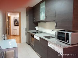 cocina con armarios de madera, fregadero y microondas en Apartamento Los Lirios Logroño en Logroño