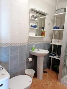 a bathroom with a sink and a toilet and a mirror at Ecorestinga in La Restinga