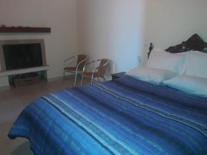 a bedroom with a bed with blue sheets and a tv at Chales netuno in Monte Verde
