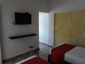 a bedroom with a bed and a television on the wall at Hotel Montroi City in Colima