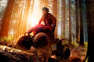 a boy riding on a tractor in a forest at Nesta Resort Kobe in Miki