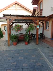a wooden pergola with potted plants on a patio at Pensiunea Cris-Andre in Afumaţi
