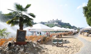 einen Strand mit Liegestühlen und Sonnenschirmen und einer Palme in der Unterkunft Ringpark-Ferien in Würzburg