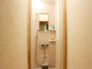 a bathroom with a shower with a toilet and a mirror at Guest House Minato in Miyako