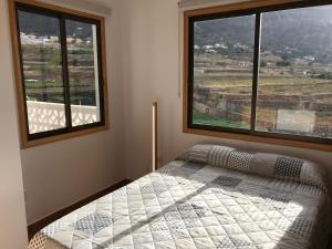 een slaapkamer met een bed en 2 grote ramen bij Apartamento amplio y tranquilo con vistas in Los Realejos