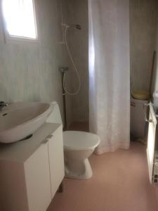 a bathroom with a sink and a toilet and a shower at Annies Hus in Årjäng