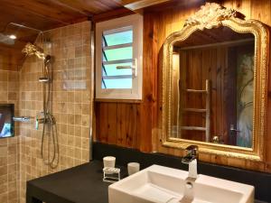 W łazience znajduje się umywalka i lustro. w obiekcie Senteur Vanille w mieście Saint-Gilles les Bains