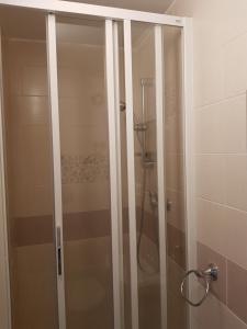 y baño con ducha y puerta de cristal. en Čertovka Peklo, en Náchod